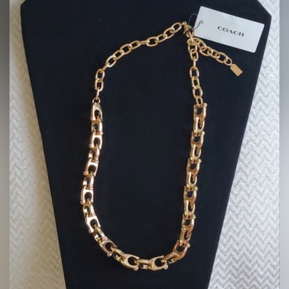 Coach Chunky Signature Chain Link Necklace/Pink Stones - Picture 4 of 14